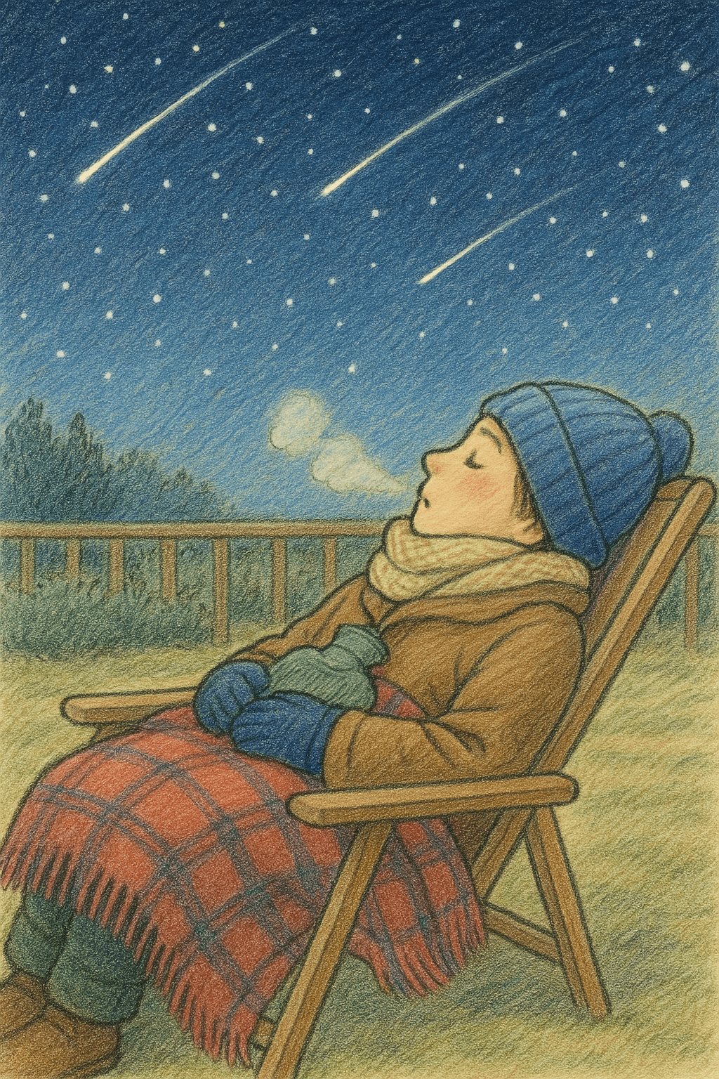 12月防寒対策をしてふたご座流星群を眺める人