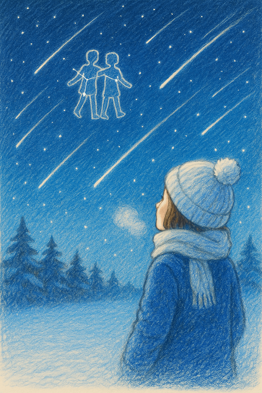 ふたご座流星群を見上げる女性の姿