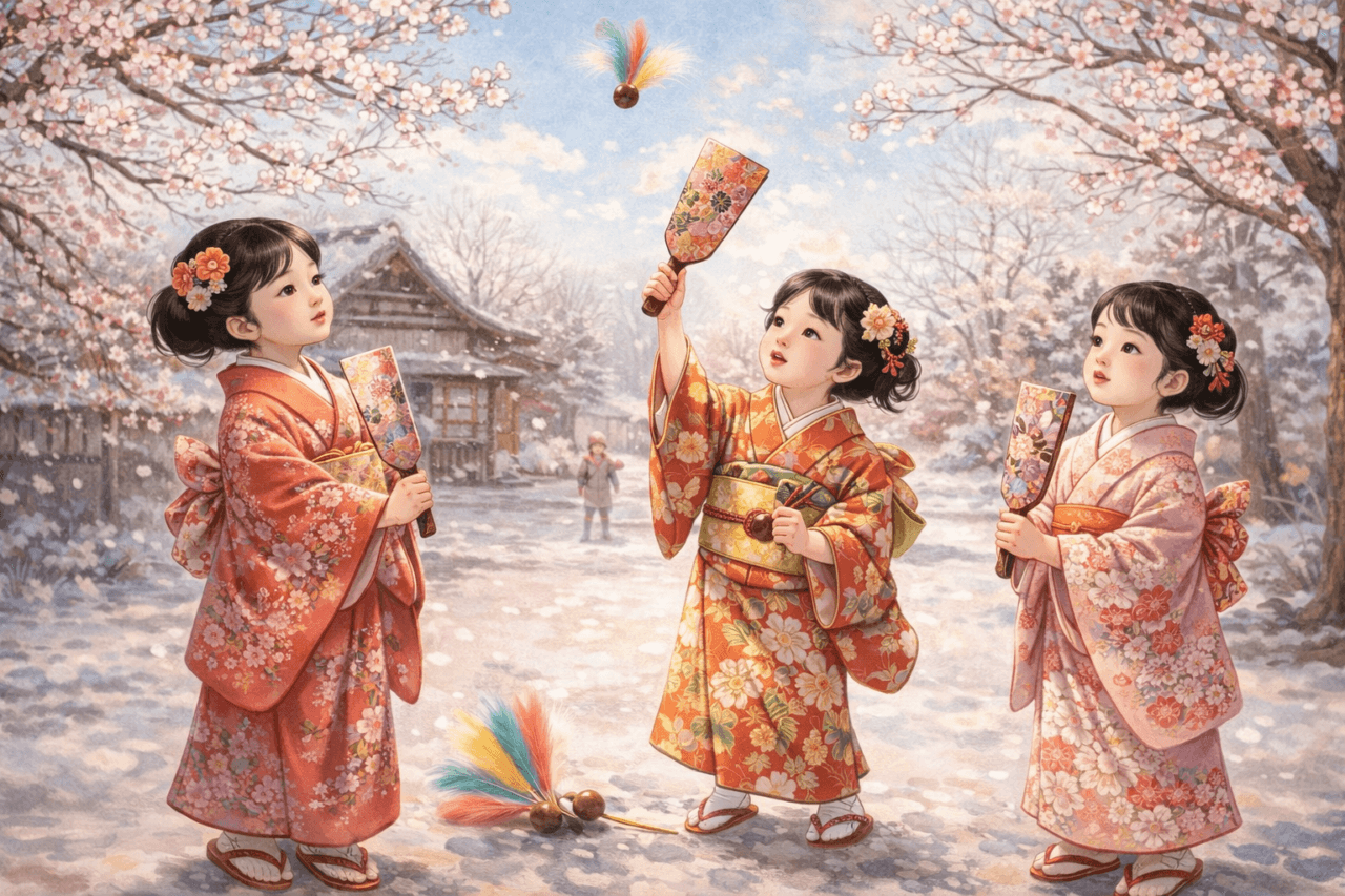 羽子板で遊ぶ子供たち