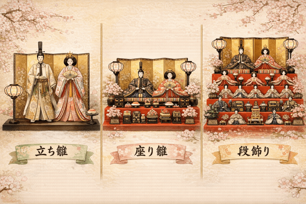 立ち雛、座り雛、段飾りの違いについてイメージ画像