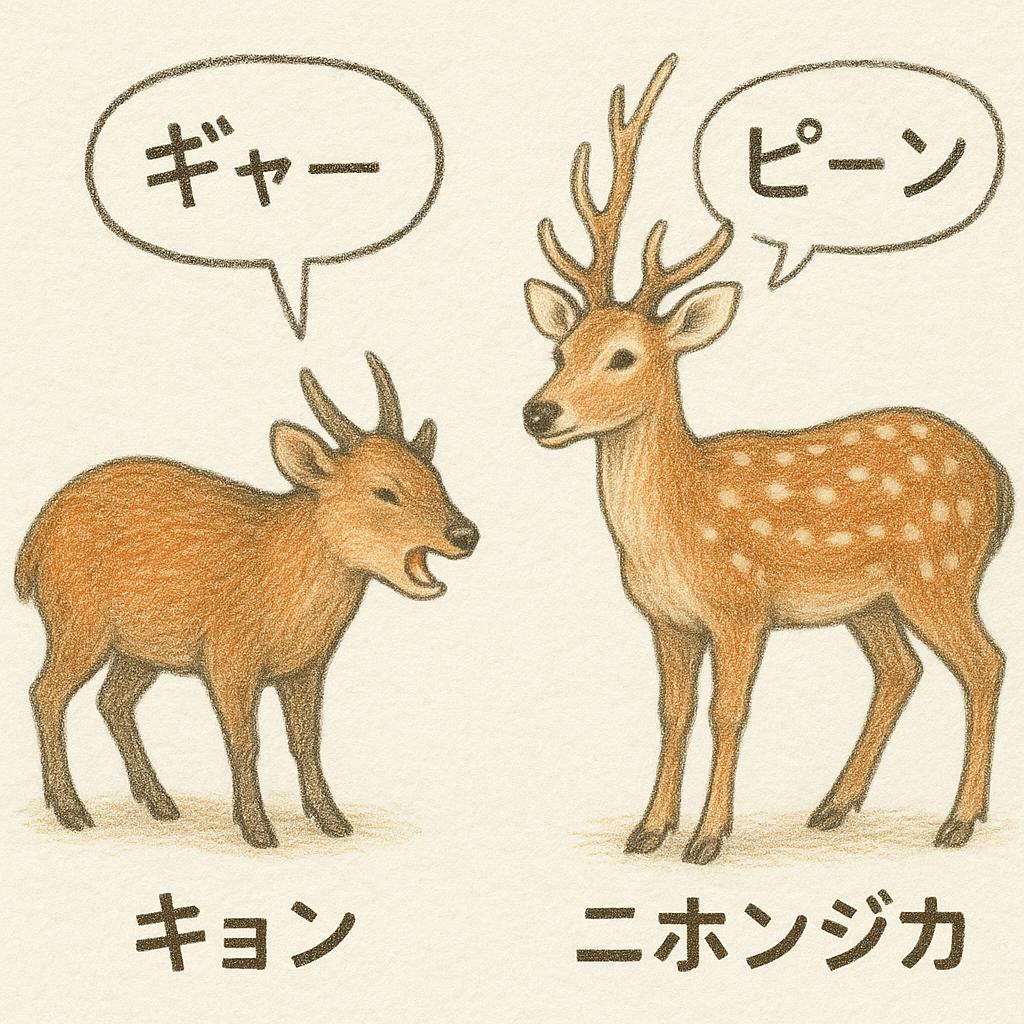 キョンとニホンジカの姿の違いと鳴き声の違いを表した画像