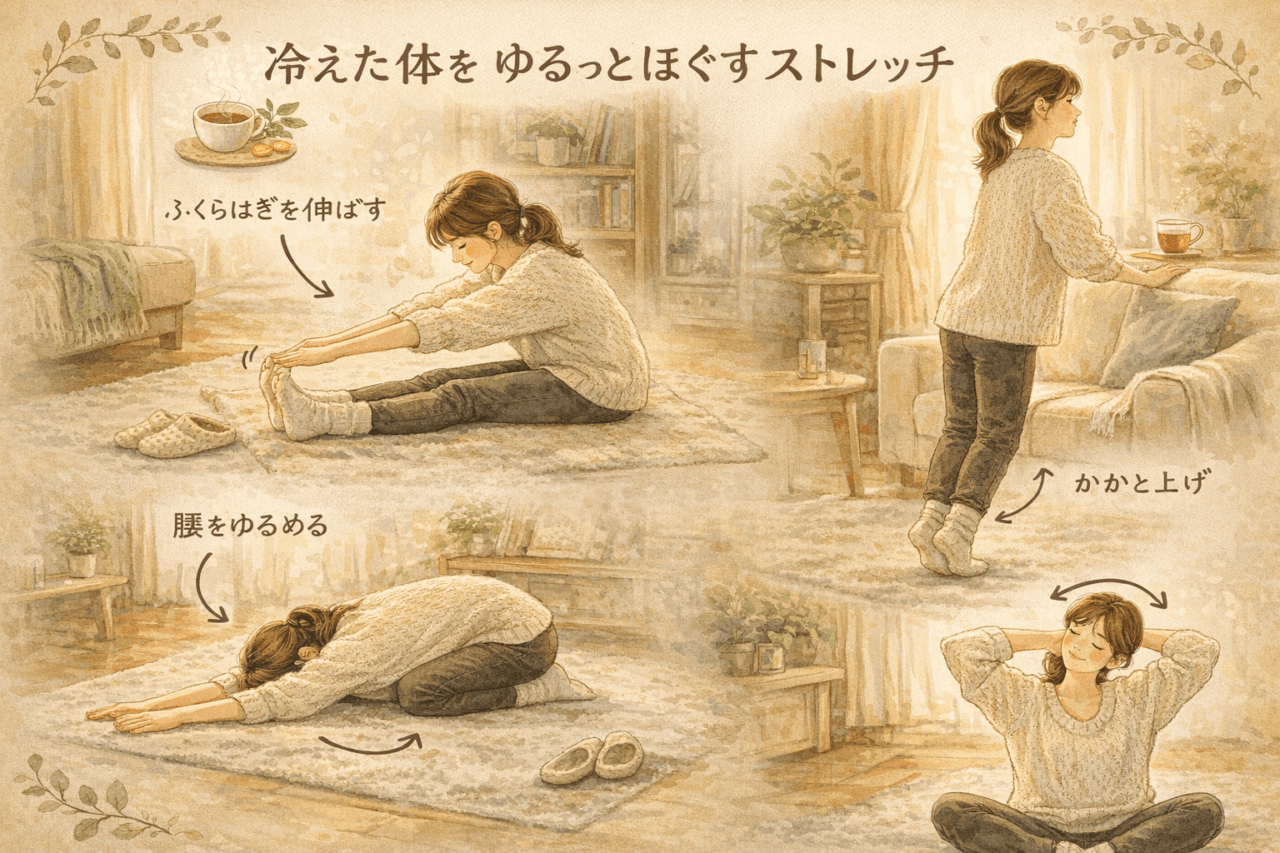 年末年始の冷えのぼせでこわばった体をゆるめるための、ふくらはぎ・腰・首・全身の巡りを整える4つのストレッチ。紅茶を飲みながら、リビングでできるやさしい動き。