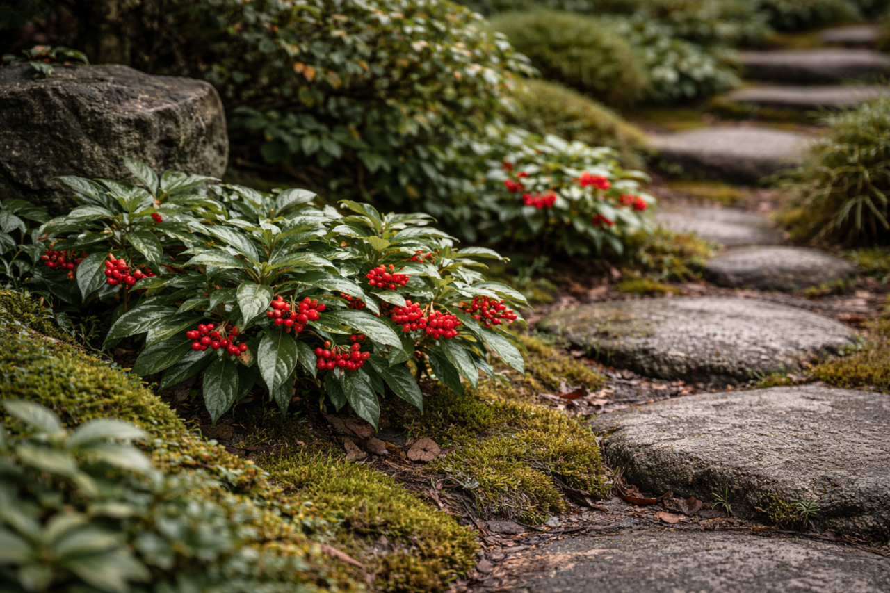 ヤブコウジのある庭